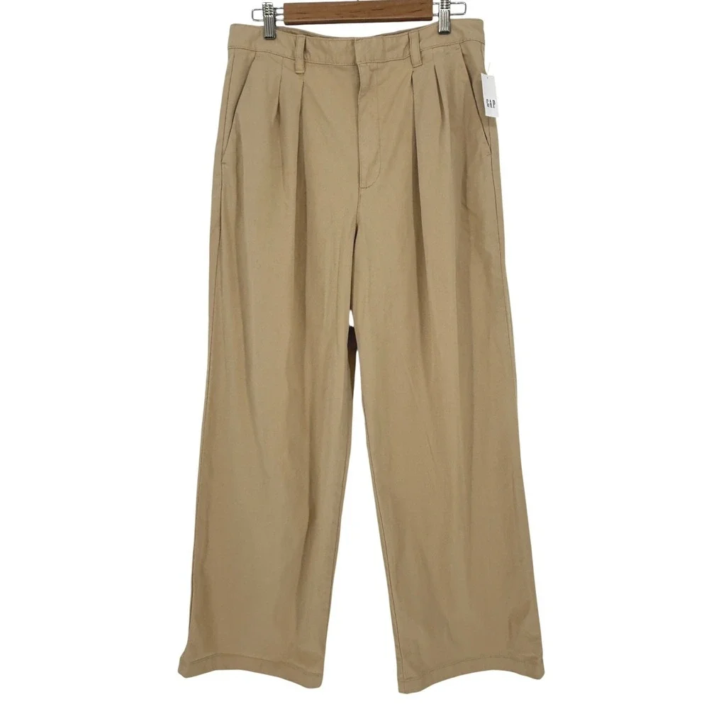 Gap New Pleated Wide Leg Khaki Pants Womens 12 Tan High Rise Academia Preppy - Picture 1 of 11